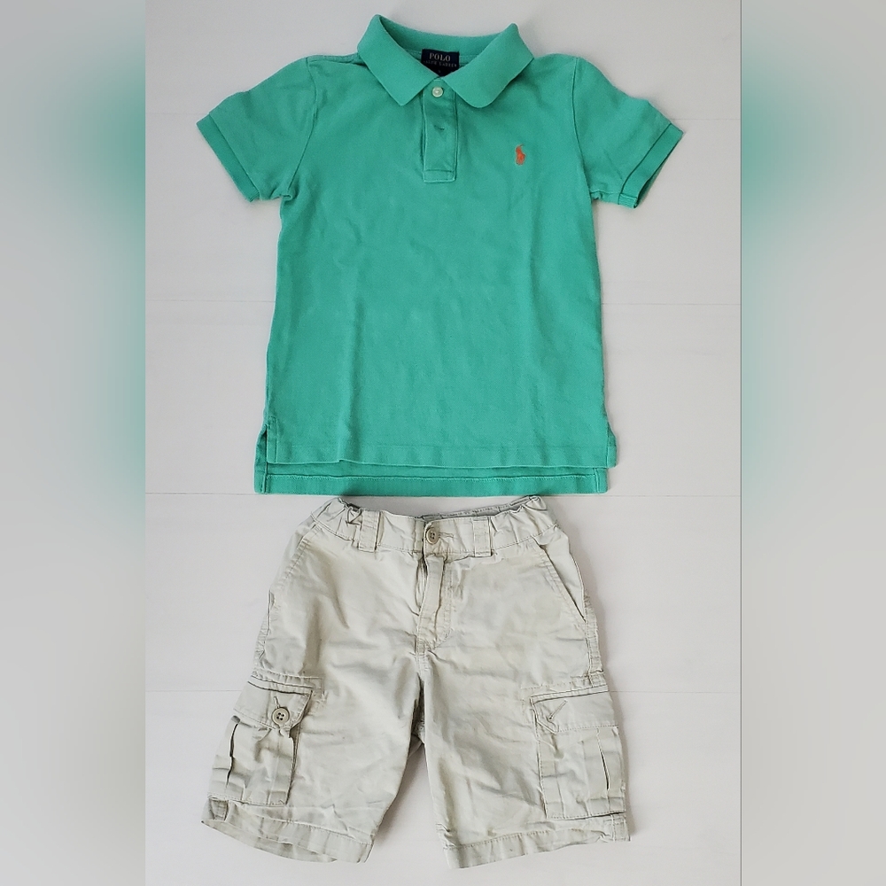 Polo Ralph Lauren Shirt Cargo Shorts Size 5/6 Kids Boys Collar Tan Beige Green..